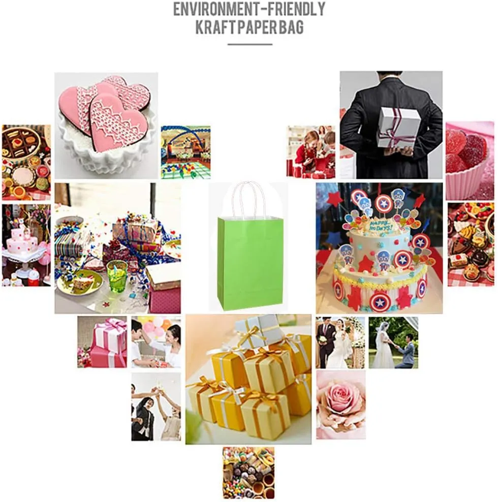 25 PCS Small Gift Bags Green Kraft Paper Bags with Handles for Party Favor (8.2 x 6 x 3.1 In)