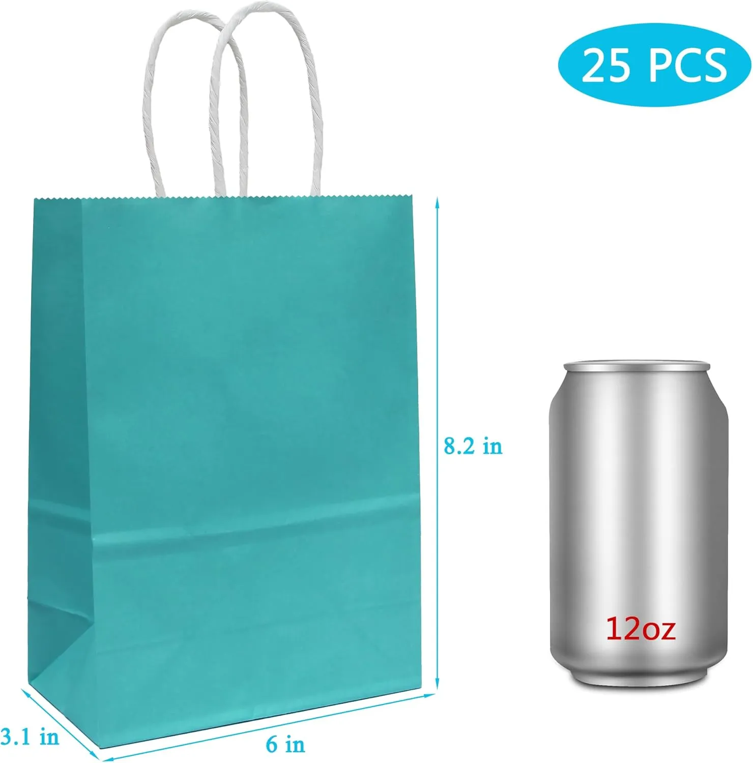 25 PCS Small Gift Bags Teal Blue Kraft Paper Bags Turquoise Gift Bags with Handles for Party Favors (8.2 x 6 x 3.1 In)