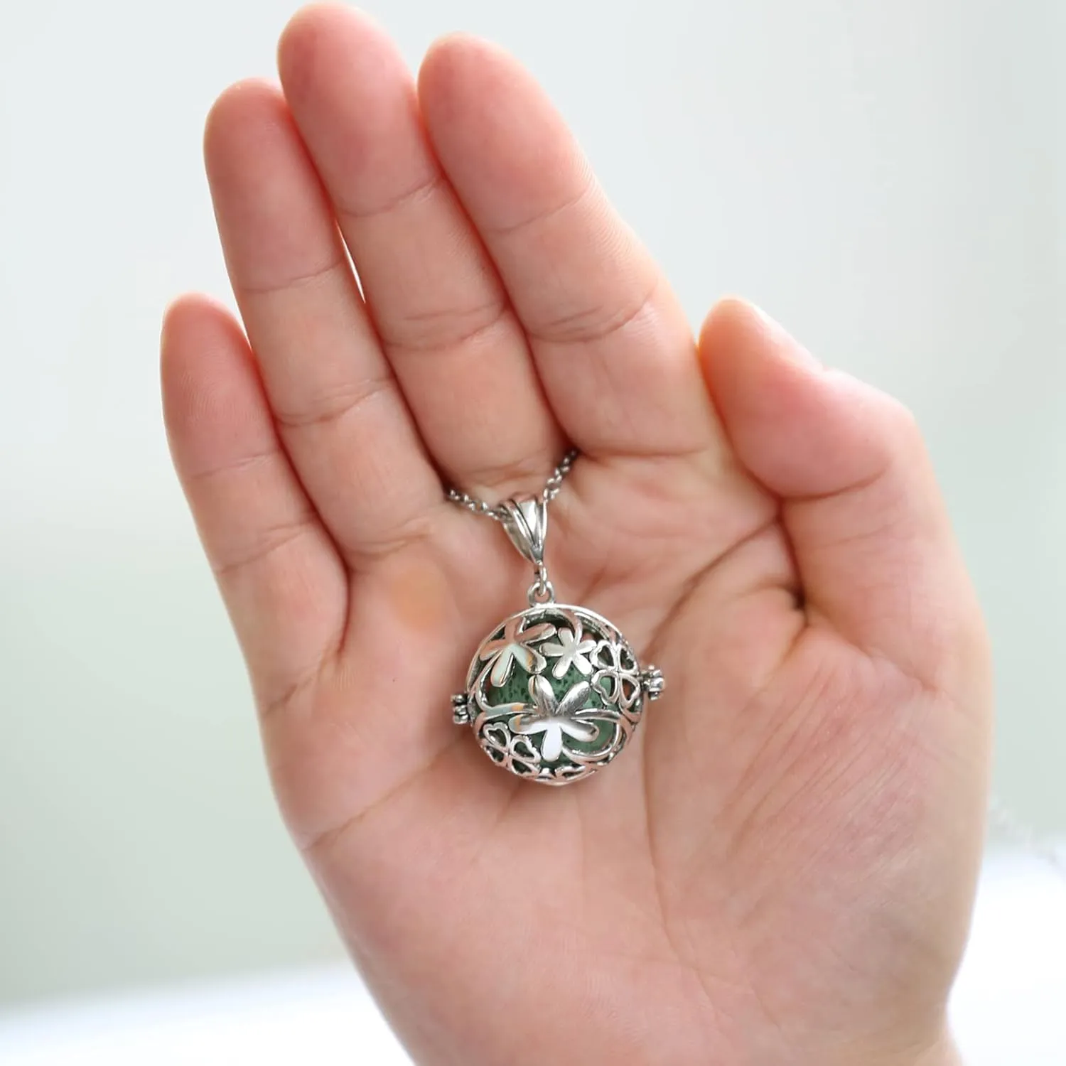 2PCS Aromatherapy Essential Oil Diffuser Necklace Love Heart and Hollow Ball Locket Pendant Necklace with Lava Bead Stone for Women