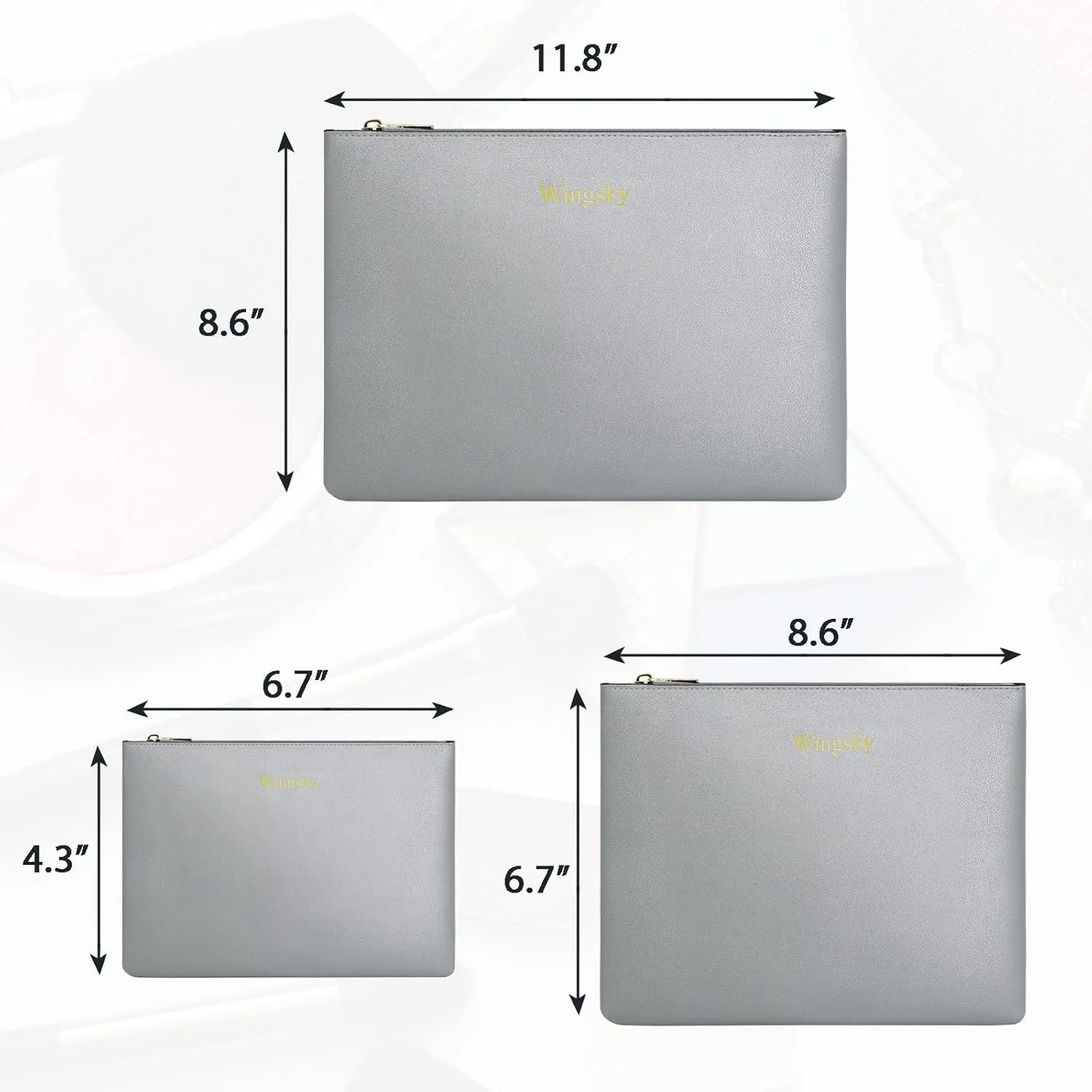 3 Pack Makeup Bag for Purse, Vegan Leather, Travel Makeup Pouch Cosmetic Bag Zipper Pouch Bags,Travel Toiletry Bags for Women (A Silver, 12.6x9 inch)