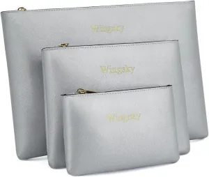 3 Pack Makeup Bag for Purse, Vegan Leather, Travel Makeup Pouch Cosmetic Bag Zipper Pouch Bags,Travel Toiletry Bags for Women (A Silver, 12.6x9 inch)