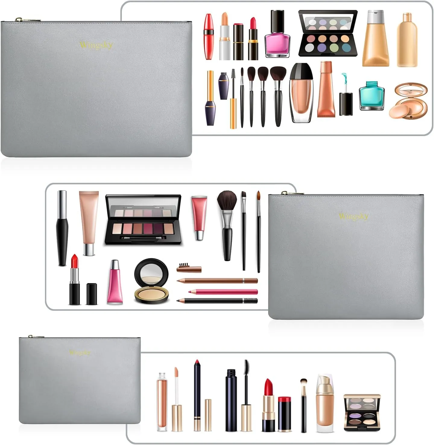 3 Pack Makeup Bag for Purse, Vegan Leather, Travel Makeup Pouch Cosmetic Bag Zipper Pouch Bags,Travel Toiletry Bags for Women (A Silver, 12.6x9 inch)