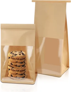 30 Pack Bakery Bags With Window, 5.1 x 3.9 x 11 Inches Brown Cookie Packaging, Resealable Tin Tie Tab Lock Bread Storage, Kraft Paper