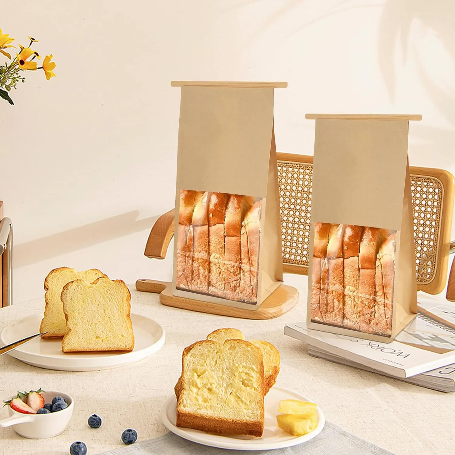 30 Pack Bakery Bags With Window, 5.1 x 3.9 x 11 Inches Brown Cookie Packaging, Resealable Tin Tie Tab Lock Bread Storage, Kraft Paper