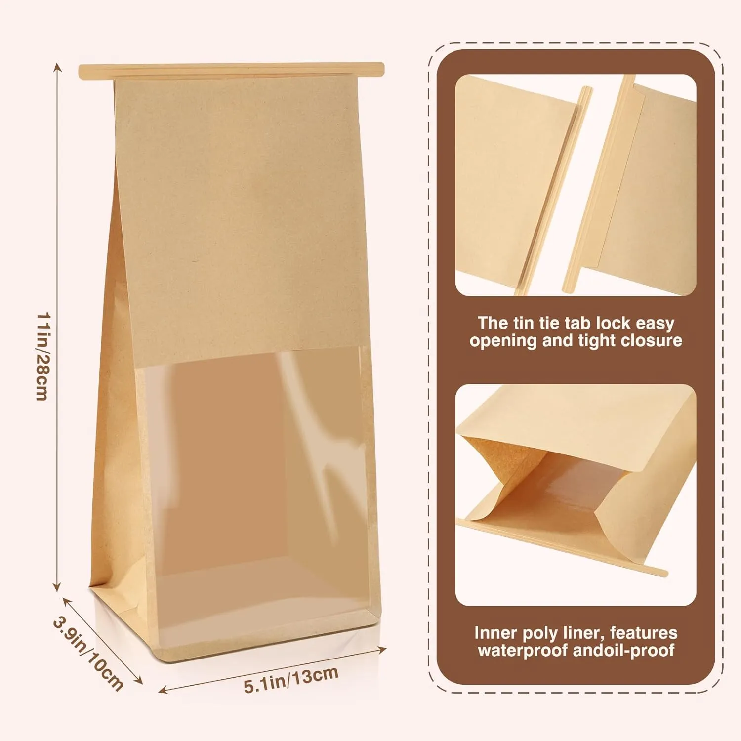30 Pack Bakery Bags With Window, 5.1 x 3.9 x 11 Inches Brown Cookie Packaging, Resealable Tin Tie Tab Lock Bread Storage, Kraft Paper