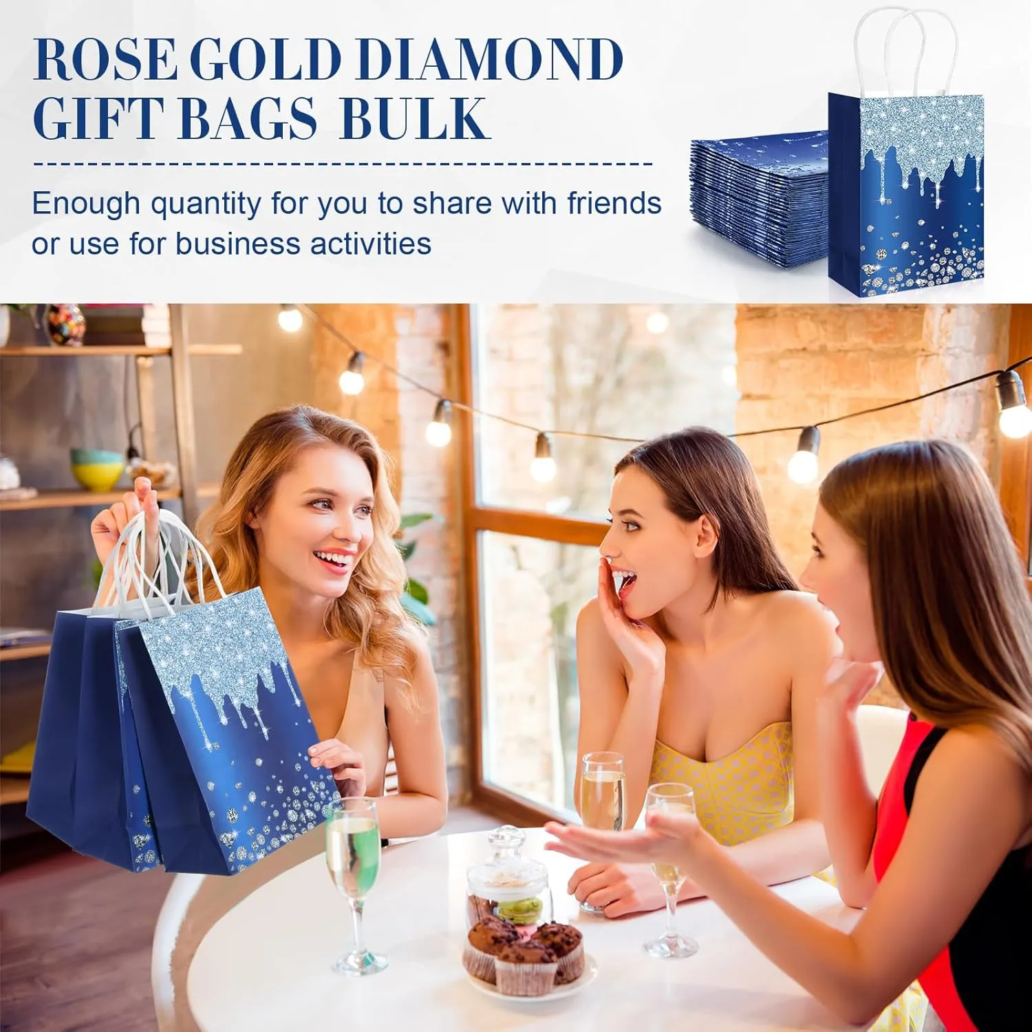 30 Pcs Blue Gift Bags - Party Favor for Women Friends, Bachelorette & Birthday Party Supplies, Glitter Paper Bags for Thank You, Retirement & Going Away Gifts