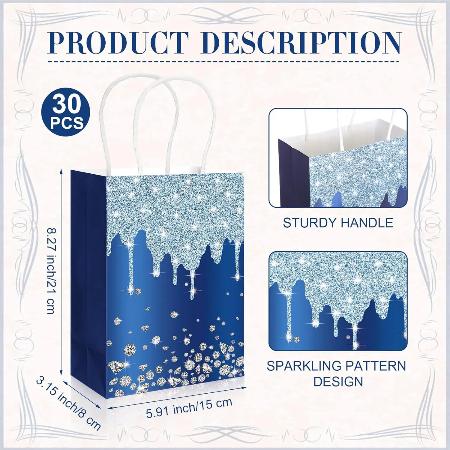30 Pcs Blue Gift Bags - Party Favor for Women Friends, Bachelorette & Birthday Party Supplies, Glitter Paper Bags for Thank You, Retirement & Going Away Gifts