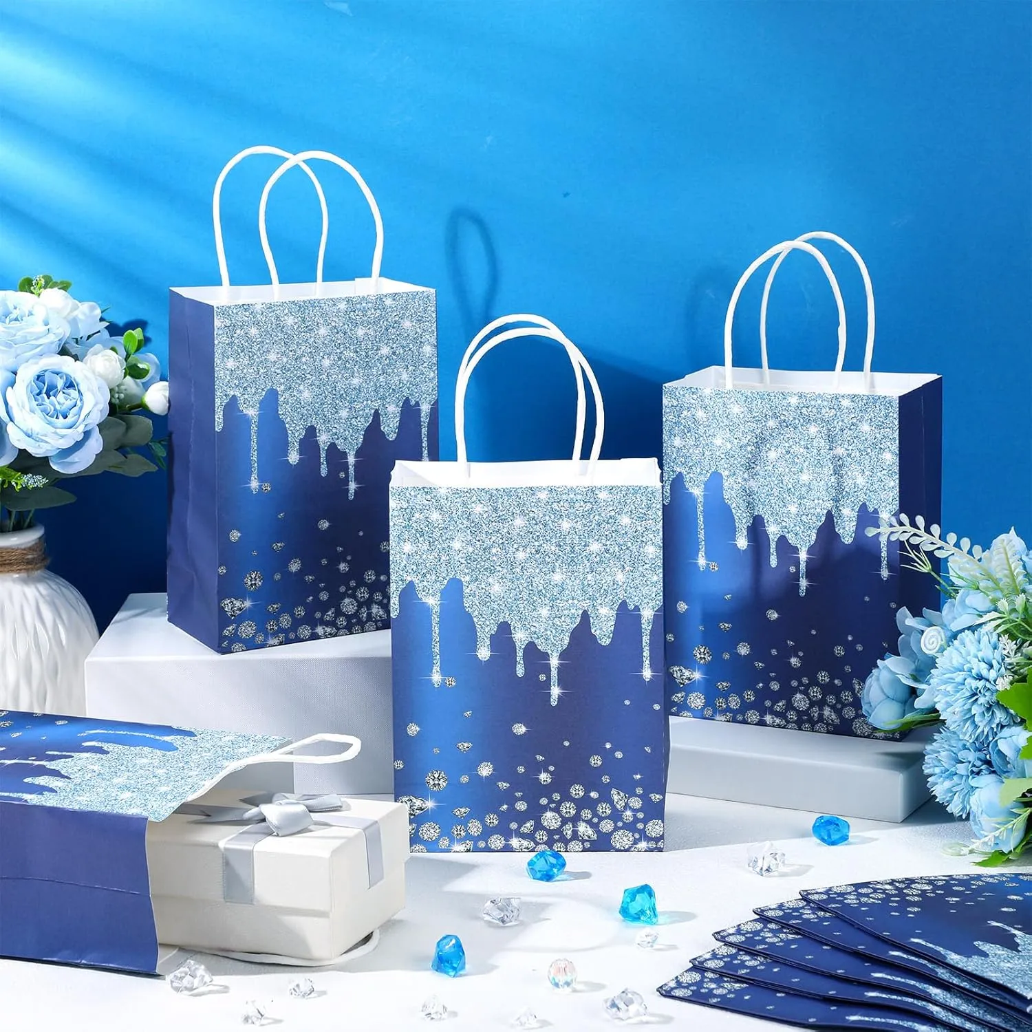 30 Pcs Blue Gift Bags - Party Favor for Women Friends, Bachelorette & Birthday Party Supplies, Glitter Paper Bags for Thank You, Retirement & Going Away Gifts