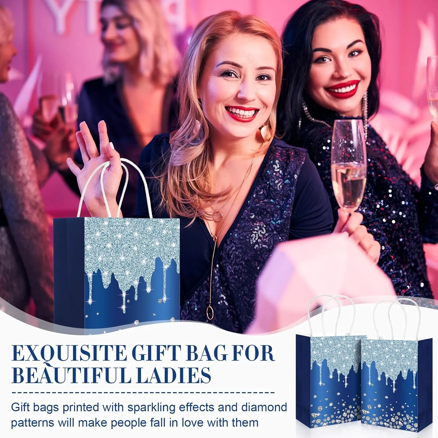 30 Pcs Blue Gift Bags - Party Favor for Women Friends, Bachelorette & Birthday Party Supplies, Glitter Paper Bags for Thank You, Retirement & Going Away Gifts