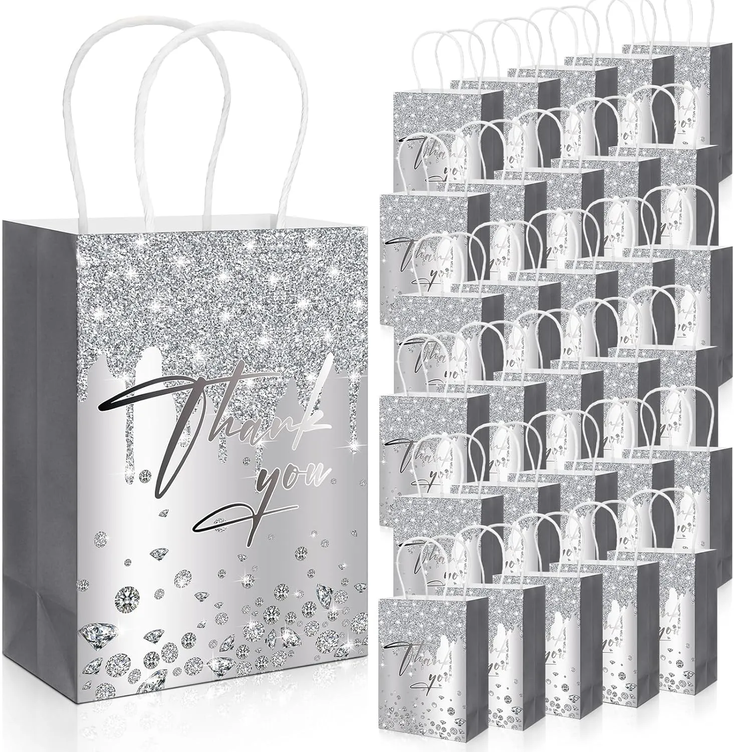 30 Pcs Silver Thank You Bulk Gift Bags with Handles Silver Glitter Paper Bag for Party Supplies Small Business for Merchandise Thank You Gift Bags Retirement Wedding Gift Bag Trade Shows Boutiqe Shops