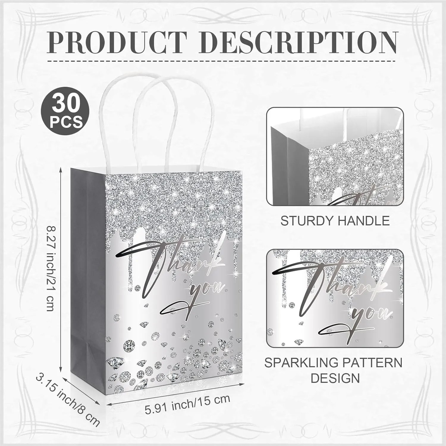 30 Pcs Silver Thank You Bulk Gift Bags with Handles Silver Glitter Paper Bag for Party Supplies Small Business for Merchandise Thank You Gift Bags Retirement Wedding Gift Bag Trade Shows Boutiqe Shops