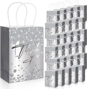 30 Pcs Silver Thank You Bulk Gift Bags with Handles Silver Glitter Paper Bag for Party Supplies Small Business for Merchandise Thank You Gift Bags Retirement Wedding Gift Bag Trade Shows Boutiqe Shops