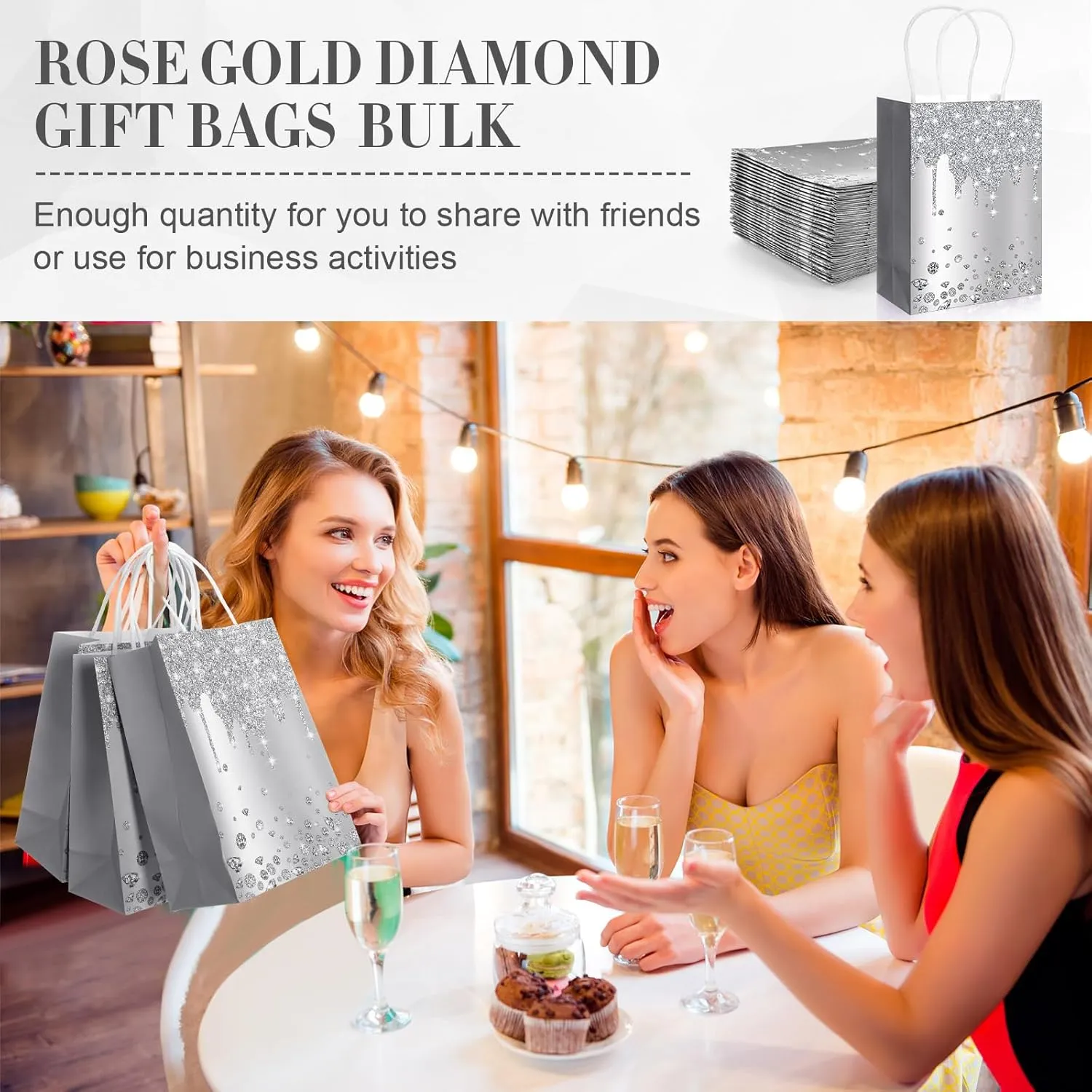 30 Pcs Wedding Gift Bags - Small Party Favors with Handles, Disco Party Decorations - Silver Glitter Diamond Goodie Bags
