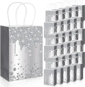 30 Pcs Wedding Gift Bags - Small Party Favors with Handles, Disco Party Decorations - Silver Glitter Diamond Goodie Bags