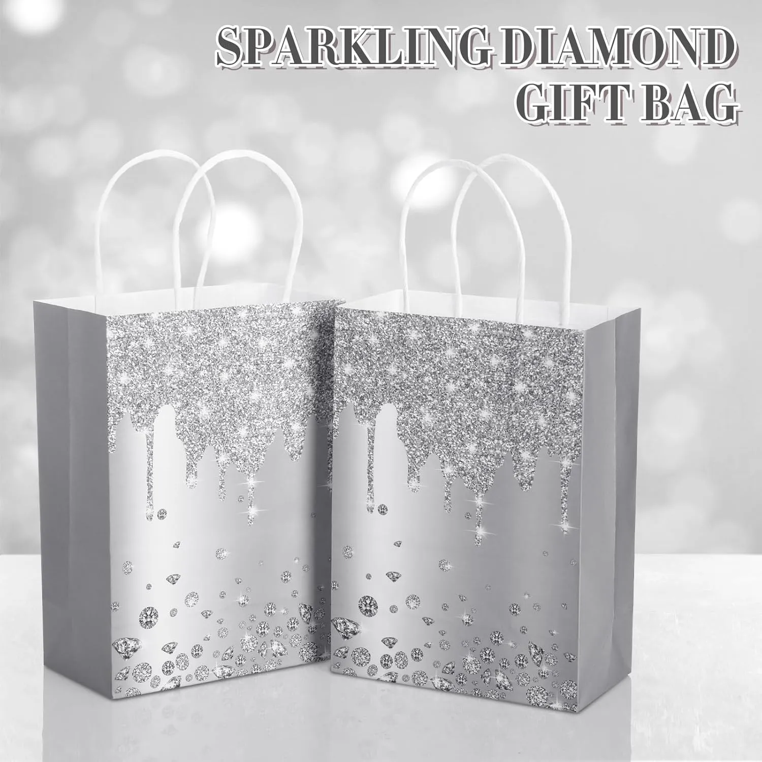 30 Pcs Wedding Gift Bags - Small Party Favors with Handles, Disco Party Decorations - Silver Glitter Diamond Goodie Bags