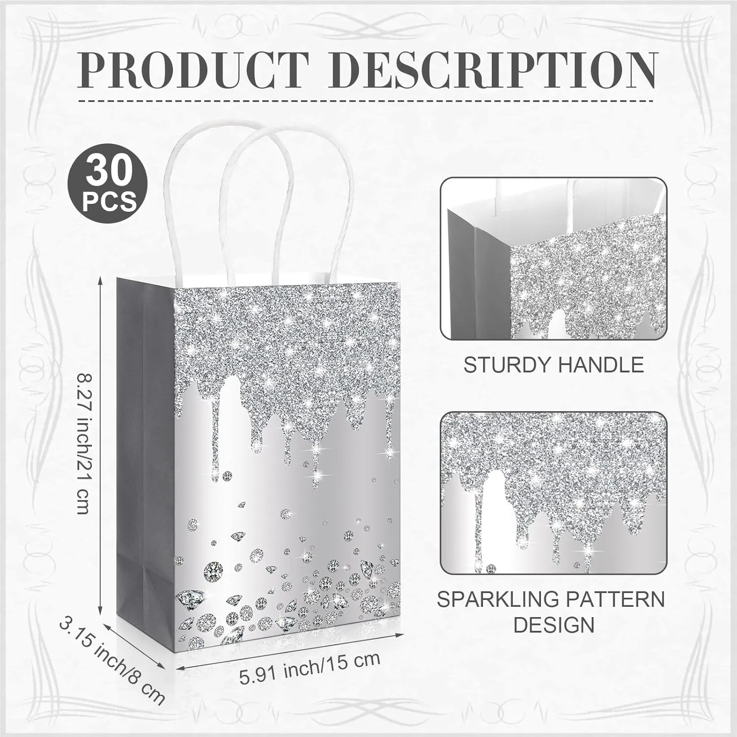 30 Pcs Wedding Gift Bags - Small Party Favors with Handles, Disco Party Decorations - Silver Glitter Diamond Goodie Bags