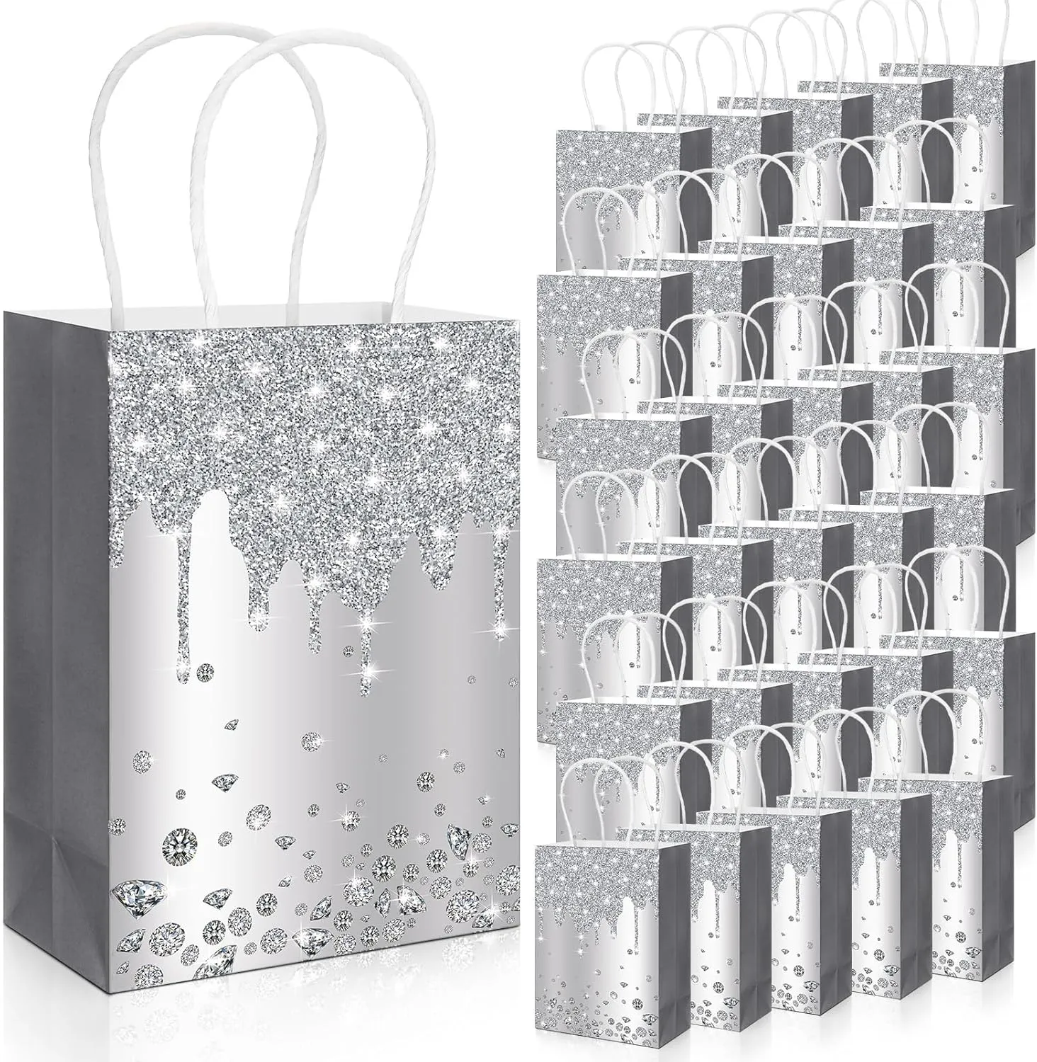 30 Pcs Wedding Gift Bags - Small Party Favors with Handles, Disco Party Decorations - Silver Glitter Diamond Goodie Bags