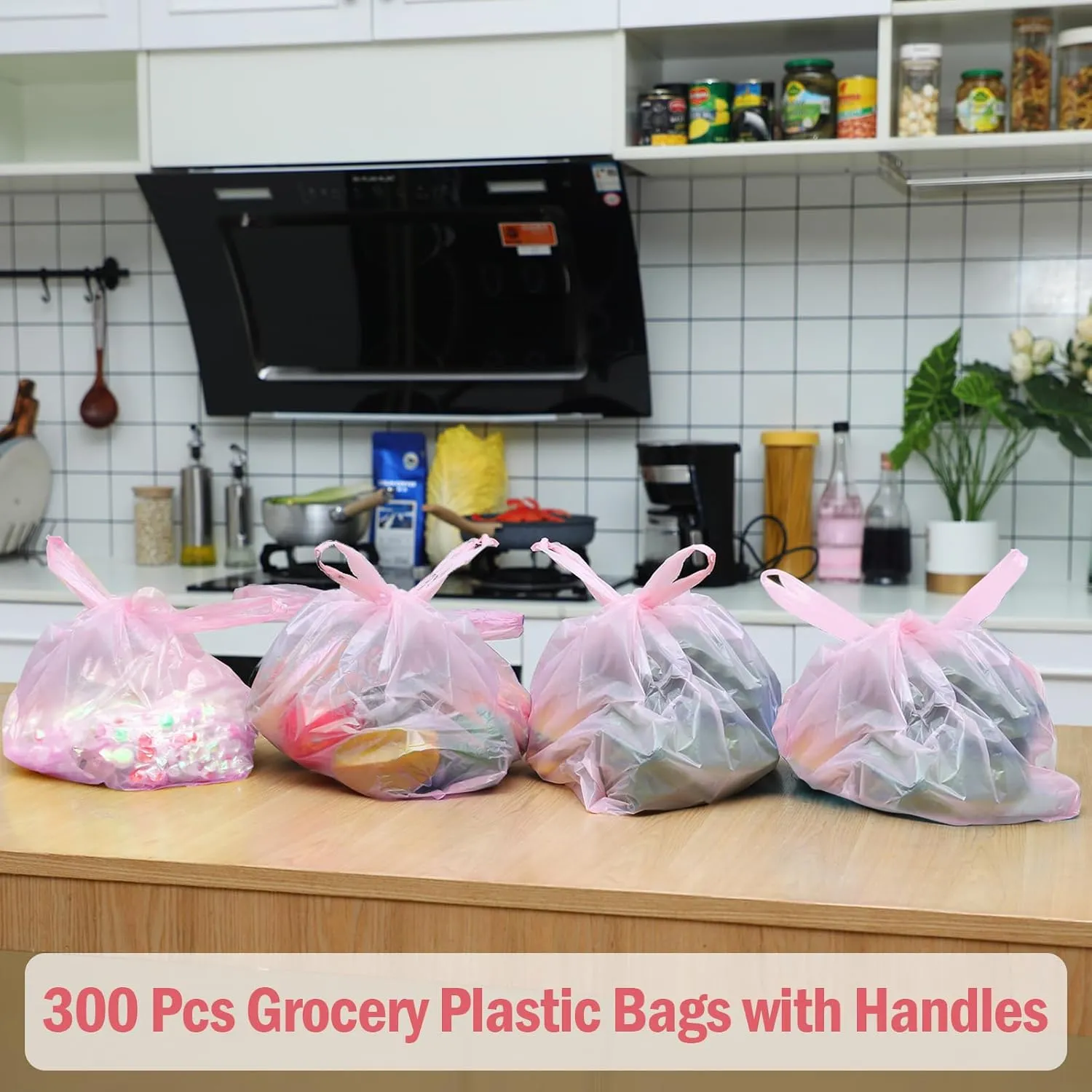 300 Pcs T Shirt Bags Bulk Plastic Shopping Grocery Retail Bags with Handles 12 x 20 Inch for Small Business, Supermarket, Restaurant (Pink)