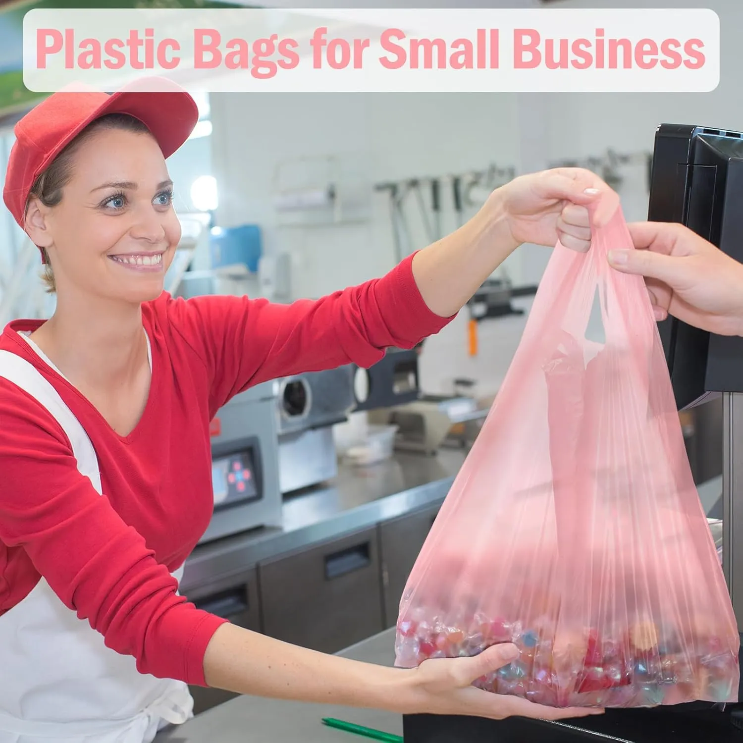 300 Pcs T Shirt Bags Bulk Plastic Shopping Grocery Retail Bags with Handles 12 x 20 Inch for Small Business, Supermarket, Restaurant (Pink)