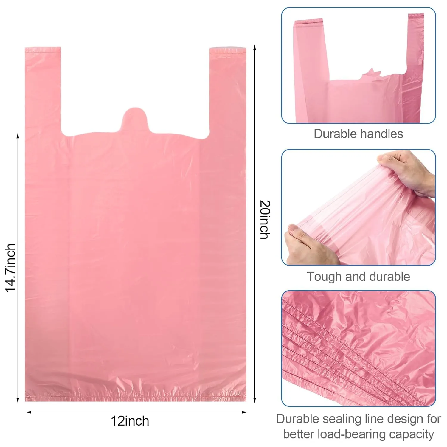 300 Pcs T Shirt Bags Bulk Plastic Shopping Grocery Retail Bags with Handles 12 x 20 Inch for Small Business, Supermarket, Restaurant (Pink)