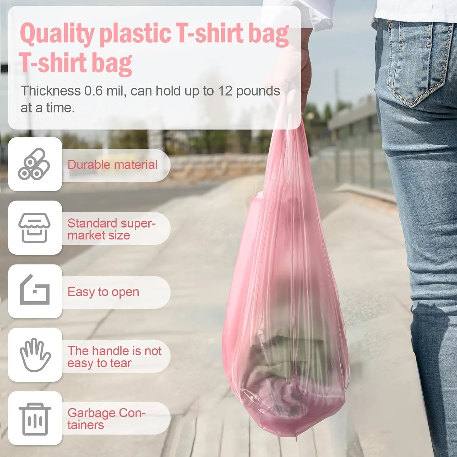 300 Pcs T Shirt Bags Bulk Plastic Shopping Grocery Retail Bags with Handles 12 x 20 Inch for Small Business, Supermarket, Restaurant (Pink)