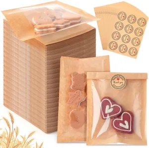360 Pcs Brown Heat Sealable Bakery Cookie Bags with Window 5.1x7.5 Inch Grease Resistant Kraft Bakery Pastry Bags with Thank You Stickers for Packaging Donut Bread Goods Sandwich Baked Treat