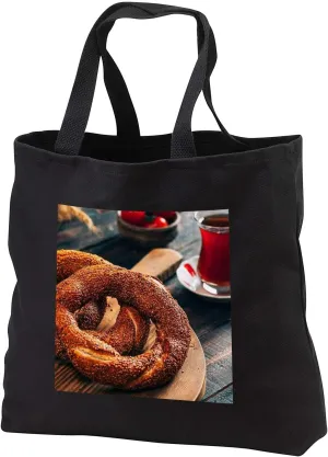 3dRose A close up photograph of a Turkish simit bagel and fresh tea - Tote Bags (tb_335792)
