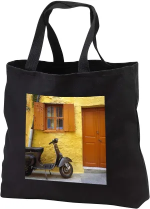 3dRose Greece, Rhodes. Vespa motorbike and colorful house exterior. - Tote Bags (tb_330091)