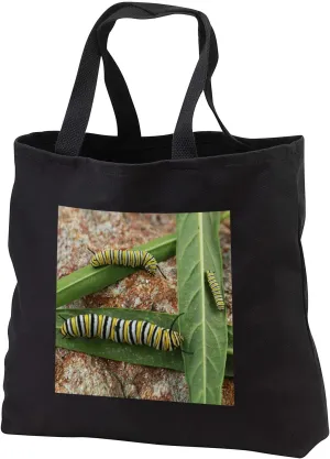 3dRose Photo of different stages of monarch caterpillars on milkweed leaves. - Tote Bags (tb_335391)