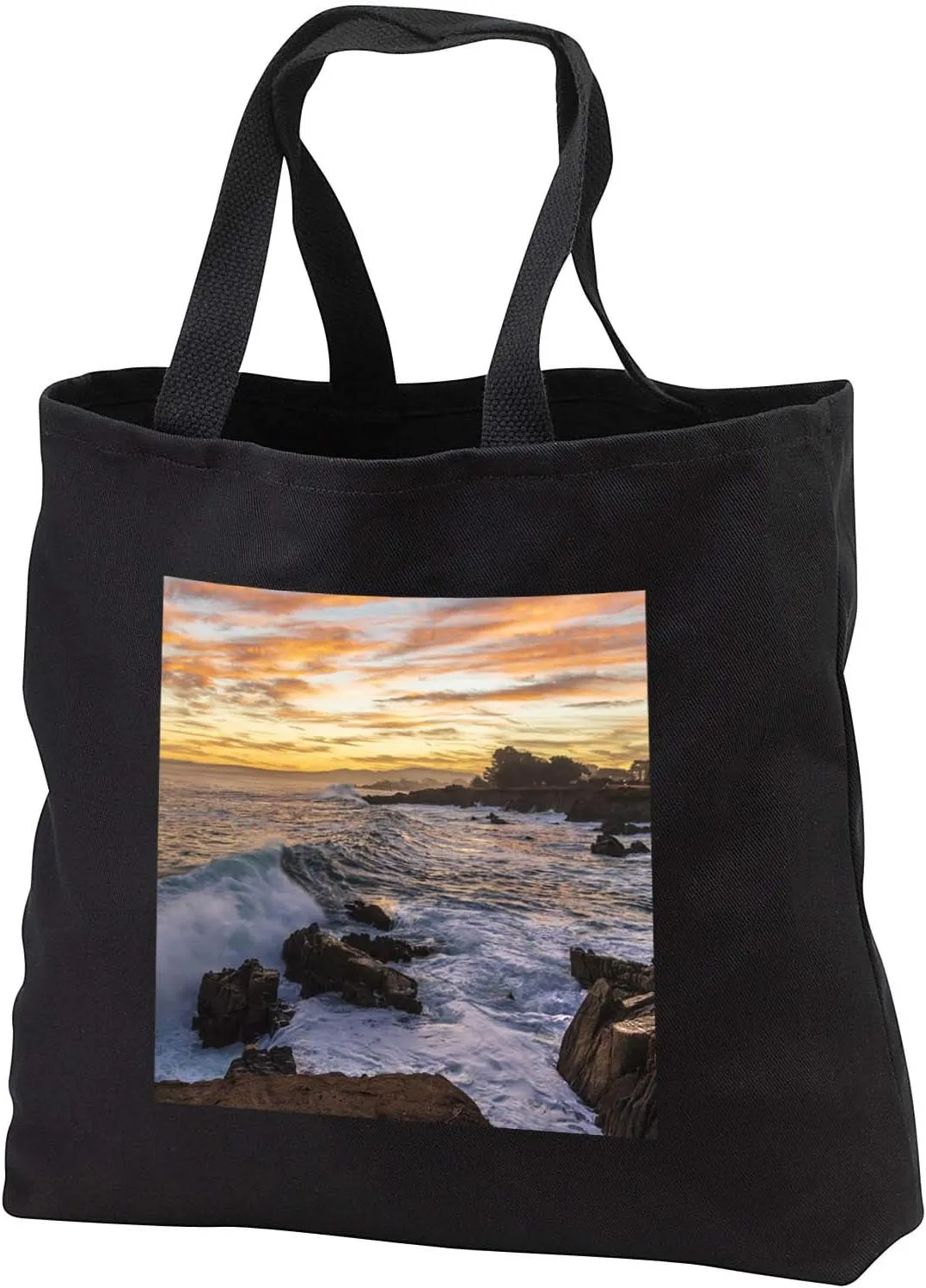 3dRose Sunrise sky over crashing waves of Pacific Grove, Lovers Point, CA. - Tote Bags (tb_346384)