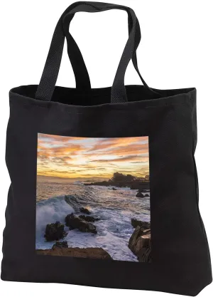 3dRose Sunrise sky over crashing waves of Pacific Grove, Lovers Point, CA. - Tote Bags (tb_346384)
