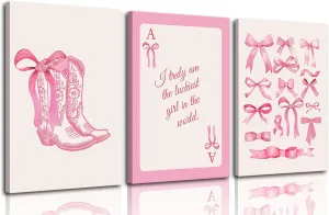 3pcs Fashion Pink Bow Wall Art Coquette Preppy Wall Decor Pink Cowboy Boots Painting Picture Lucky Girl Poker Canvas Poster Prints for Girls Dormitory College Apartment Home Decor 16x24in Framed