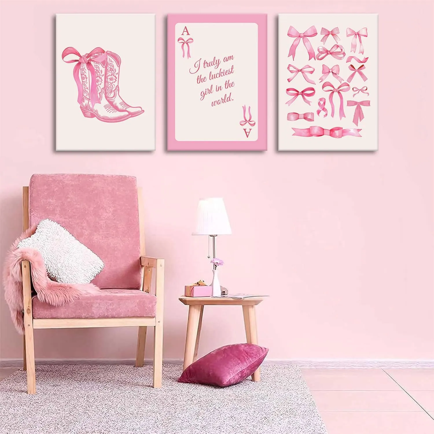 3pcs Fashion Pink Bow Wall Art Coquette Preppy Wall Decor Pink Cowboy Boots Painting Picture Lucky Girl Poker Canvas Poster Prints for Girls Dormitory College Apartment Home Decor 16x24in Framed