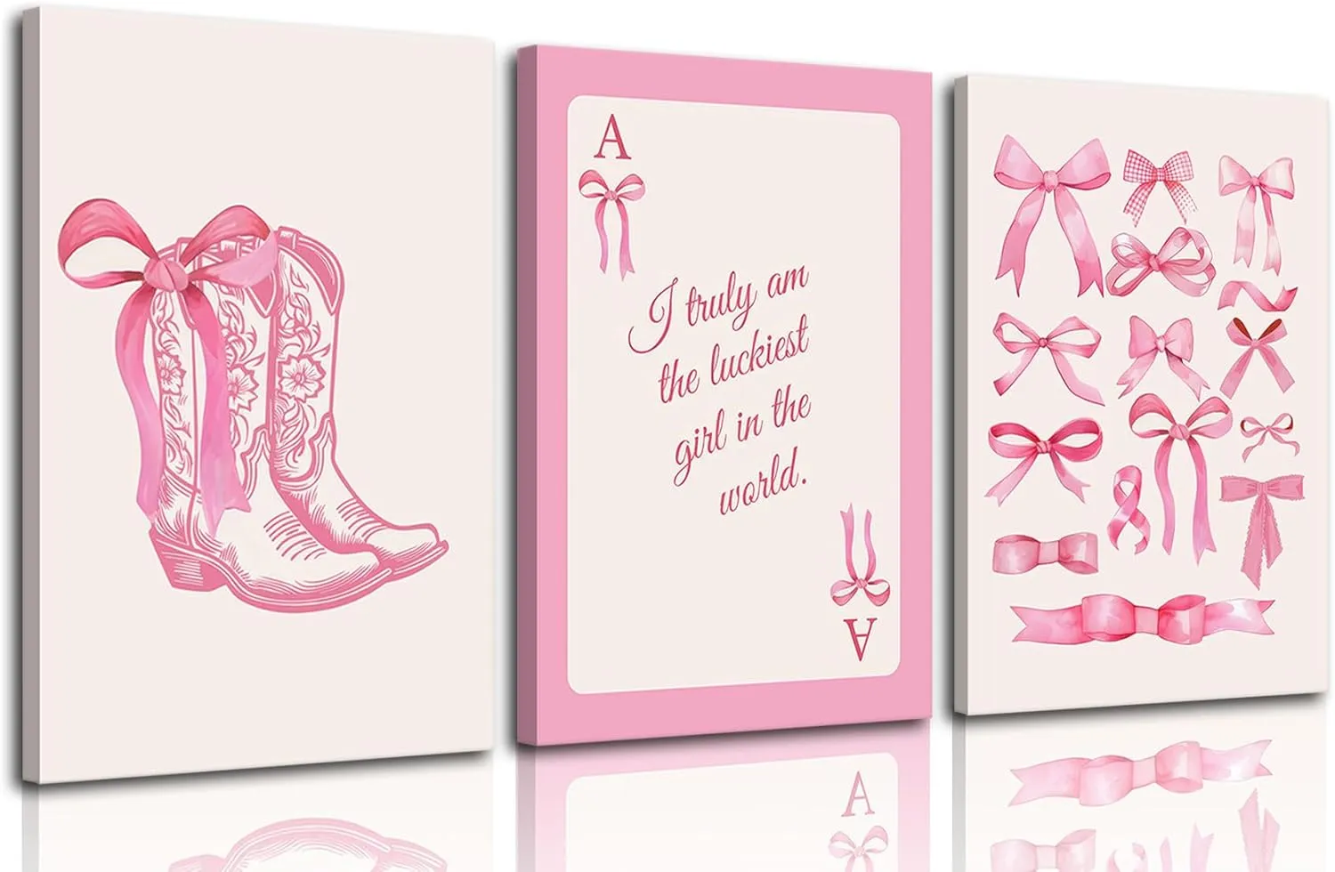 3pcs Fashion Pink Bow Wall Art Coquette Preppy Wall Decor Pink Cowboy Boots Painting Picture Lucky Girl Poker Canvas Poster Prints for Girls Dormitory College Apartment Home Decor 16x24in Framed