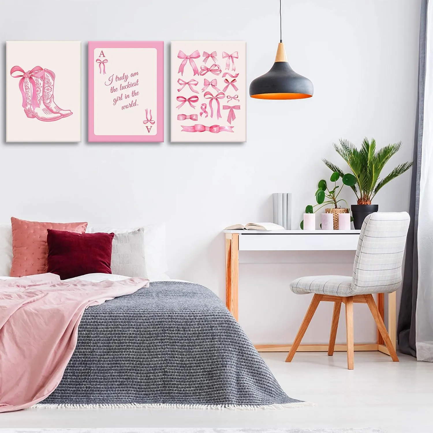 3pcs Fashion Pink Bow Wall Art Coquette Preppy Wall Decor Pink Cowboy Boots Painting Picture Lucky Girl Poker Canvas Poster Prints for Girls Dormitory College Apartment Home Decor 16x24in Framed