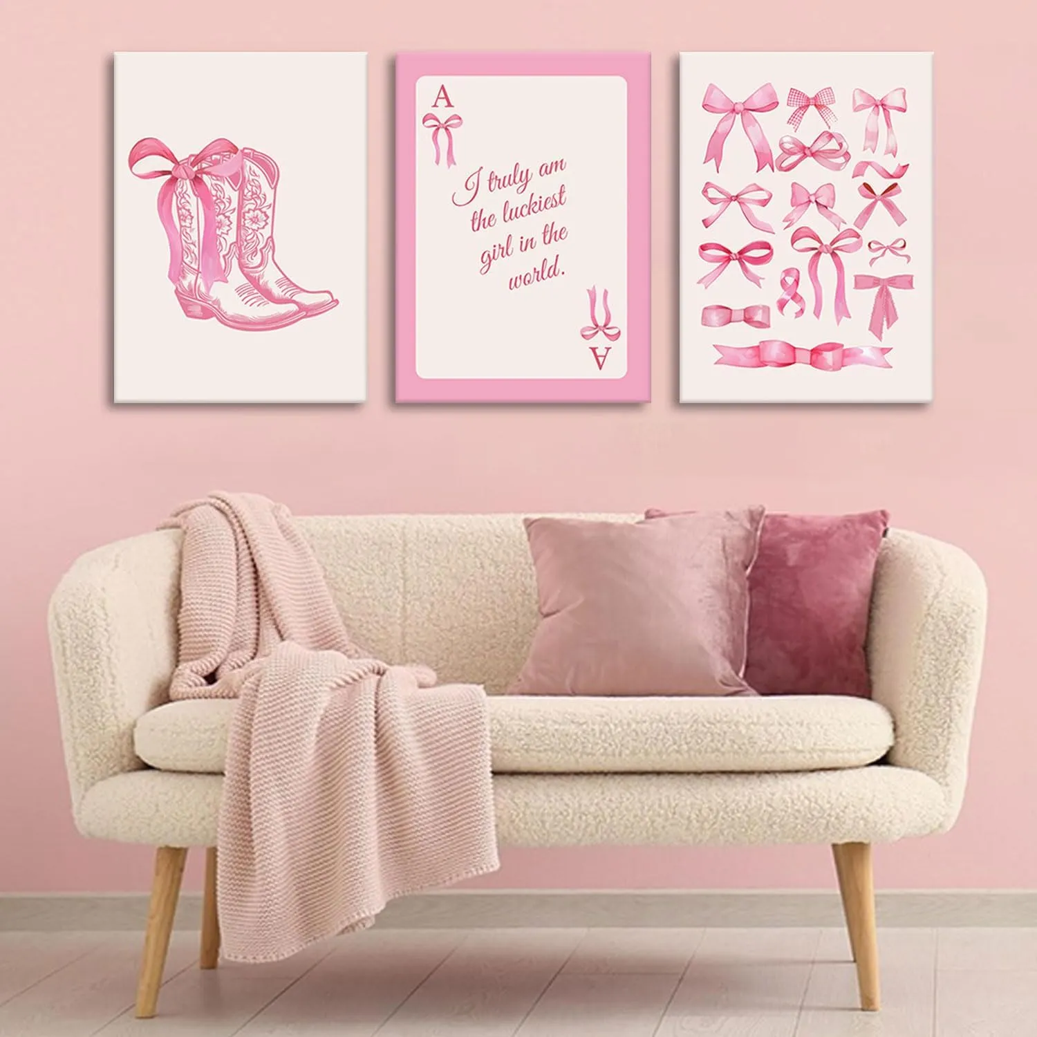 3pcs Fashion Pink Bow Wall Art Coquette Preppy Wall Decor Pink Cowboy Boots Painting Picture Lucky Girl Poker Canvas Poster Prints for Girls Dormitory College Apartment Home Decor 16x24in Framed