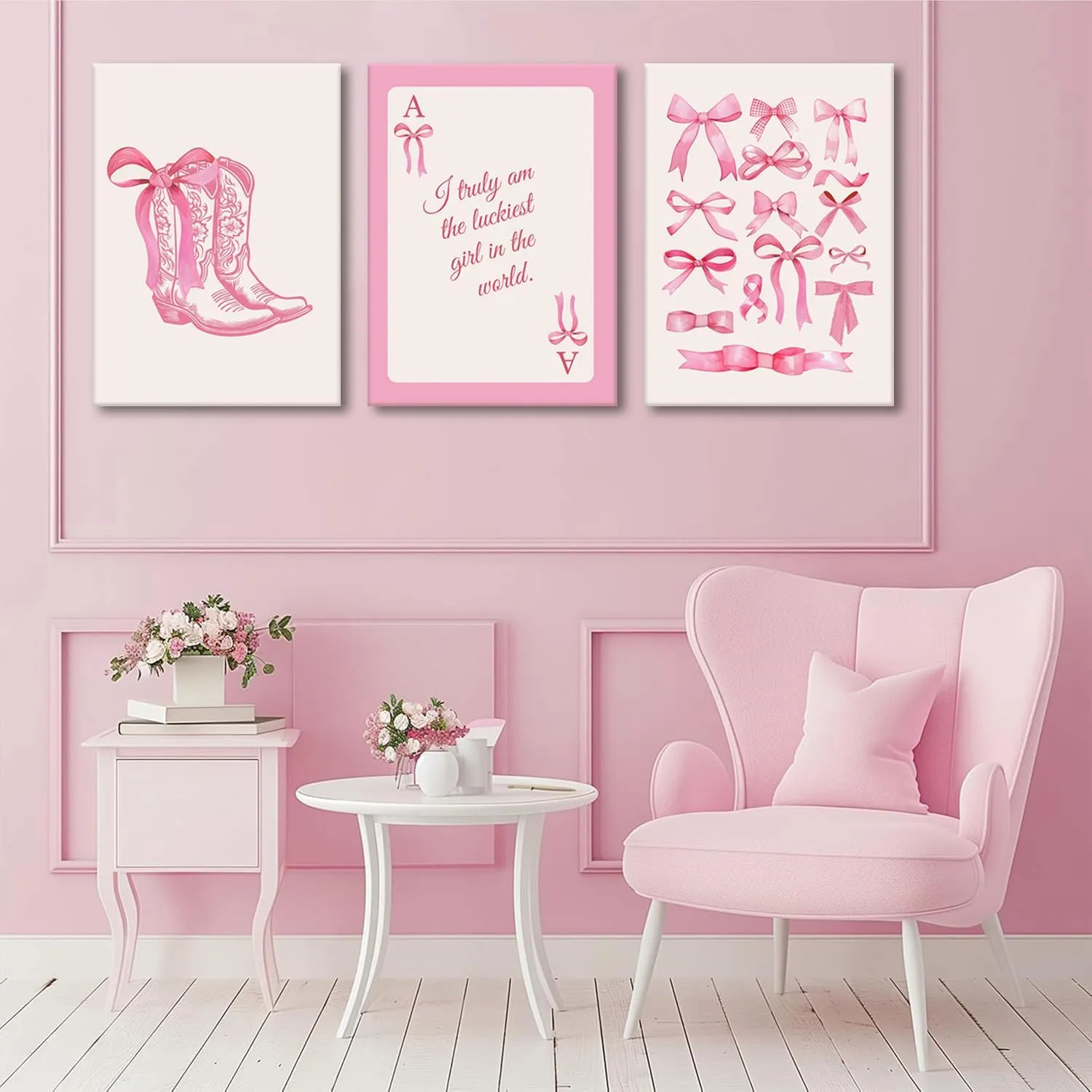 3pcs Fashion Pink Bow Wall Art Coquette Preppy Wall Decor Pink Cowboy Boots Painting Picture Lucky Girl Poker Canvas Poster Prints for Girls Dormitory College Apartment Home Decor 16x24in Framed