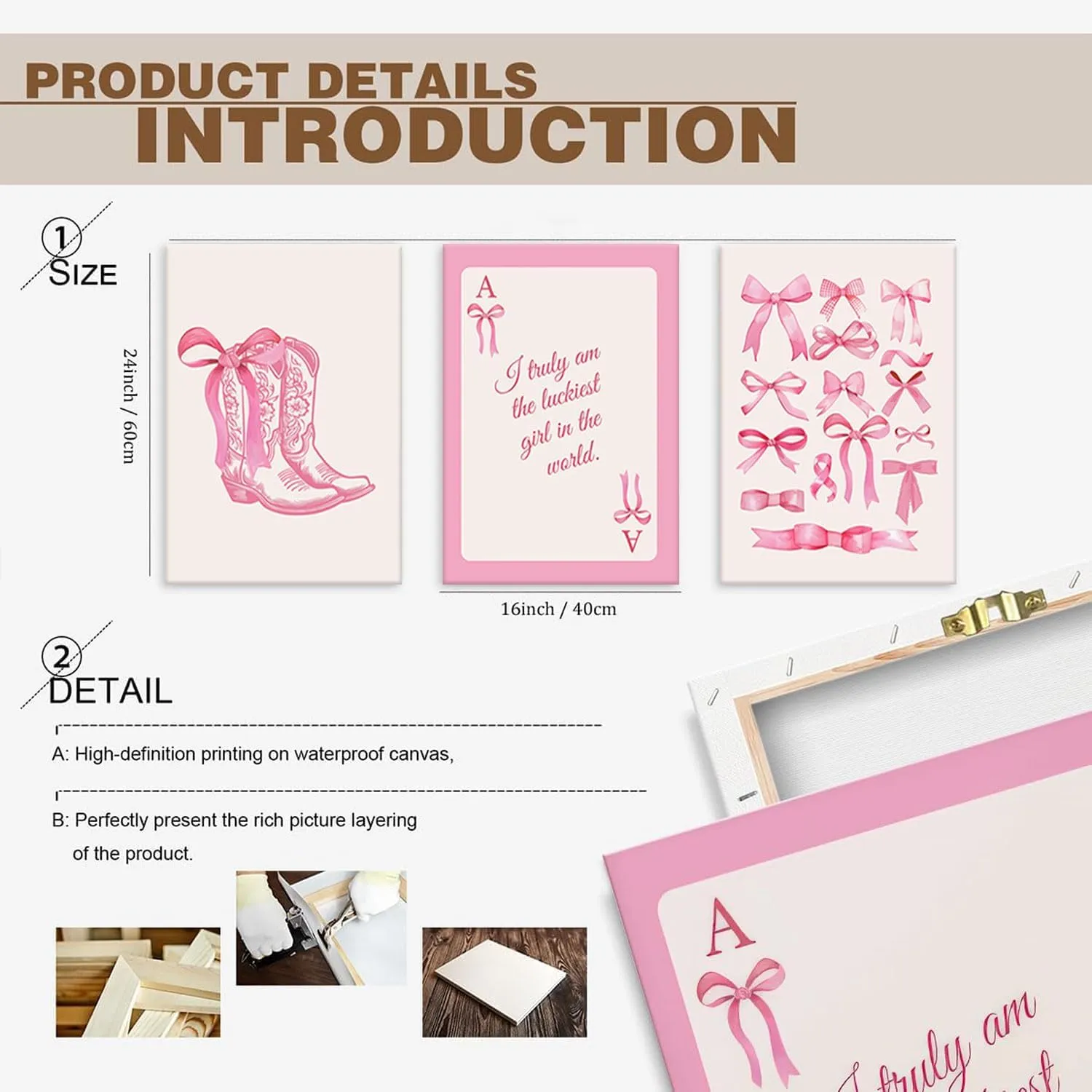 3pcs Fashion Pink Bow Wall Art Coquette Preppy Wall Decor Pink Cowboy Boots Painting Picture Lucky Girl Poker Canvas Poster Prints for Girls Dormitory College Apartment Home Decor 16x24in Framed