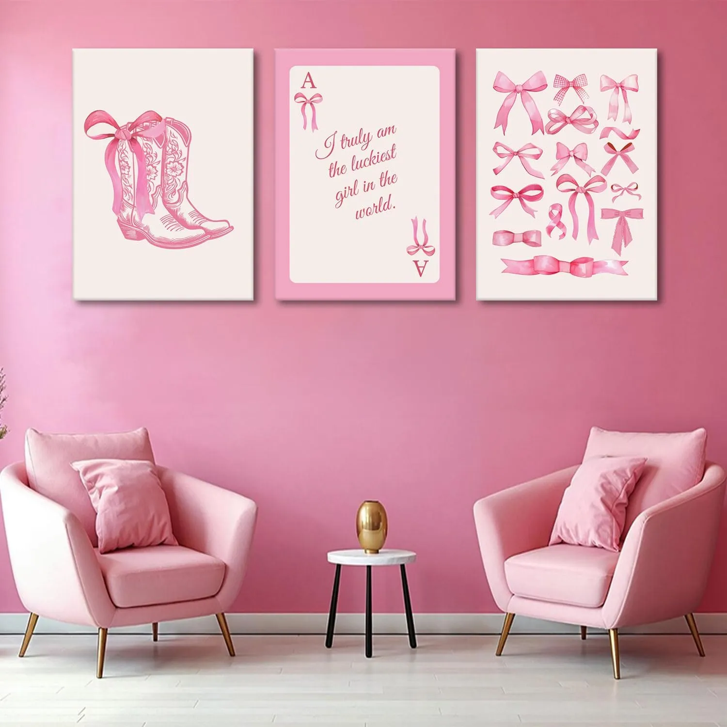3pcs Fashion Pink Bow Wall Art Coquette Preppy Wall Decor Pink Cowboy Boots Painting Picture Lucky Girl Poker Canvas Poster Prints for Girls Dormitory College Apartment Home Decor 16x24in Framed