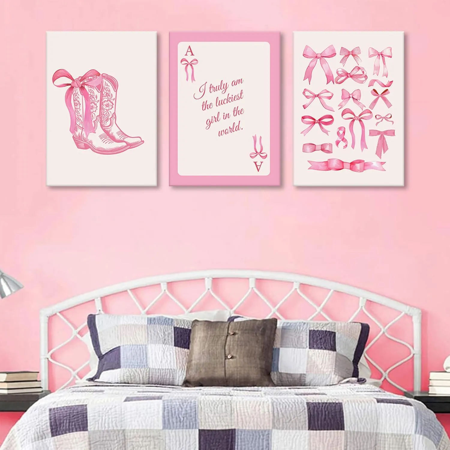 3pcs Fashion Pink Bow Wall Art Coquette Preppy Wall Decor Pink Cowboy Boots Painting Picture Lucky Girl Poker Canvas Poster Prints for Girls Dormitory College Apartment Home Decor 16x24in Framed