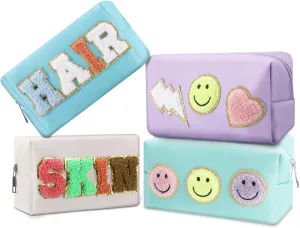 4 Pcs Chenille Letter Preppy Patches Makeup Bag with Zipper PU Leather Waterproof Stoney Clover Makeup Bag Hair Skin Face Stuff Bag for Women, Girls