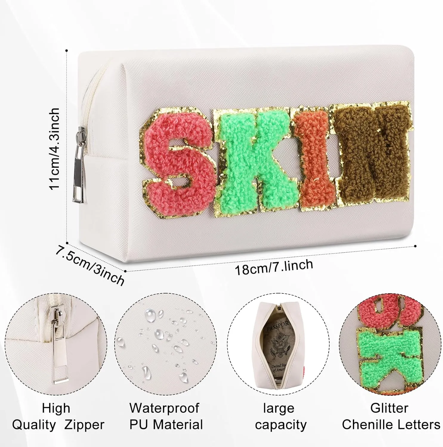 4 Pcs Chenille Letter Preppy Patches Makeup Bag with Zipper PU Leather Waterproof Stoney Clover Makeup Bag Hair Skin Face Stuff Bag for Women, Girls