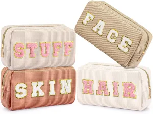 4 Pcs Preppy Patch Makeup Bag Corduroy Cosmetic Bag Makeup Accessories Skincare Pouch Chenille Letter Portable Zipper Face Pouch Cute Toiletry for Women Travel(Pink, Brown Series Color)