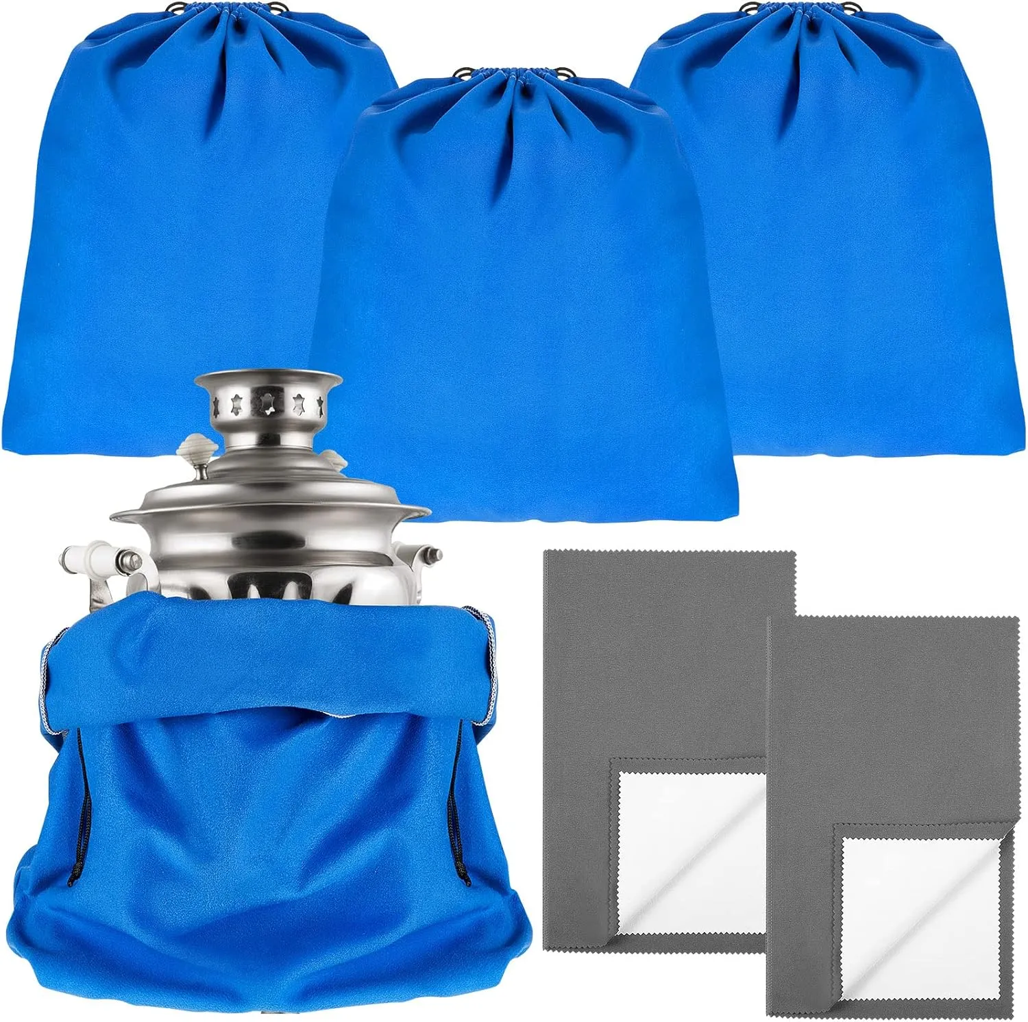 4 Pcs Silver Storage Bags Anti Tarnish 18 x 18 Inch Blue Silverware Bags with 2 Pcs Silver Polishing Cloth Fabric Silverware Protection for Jewelry, Flatware, Tray
