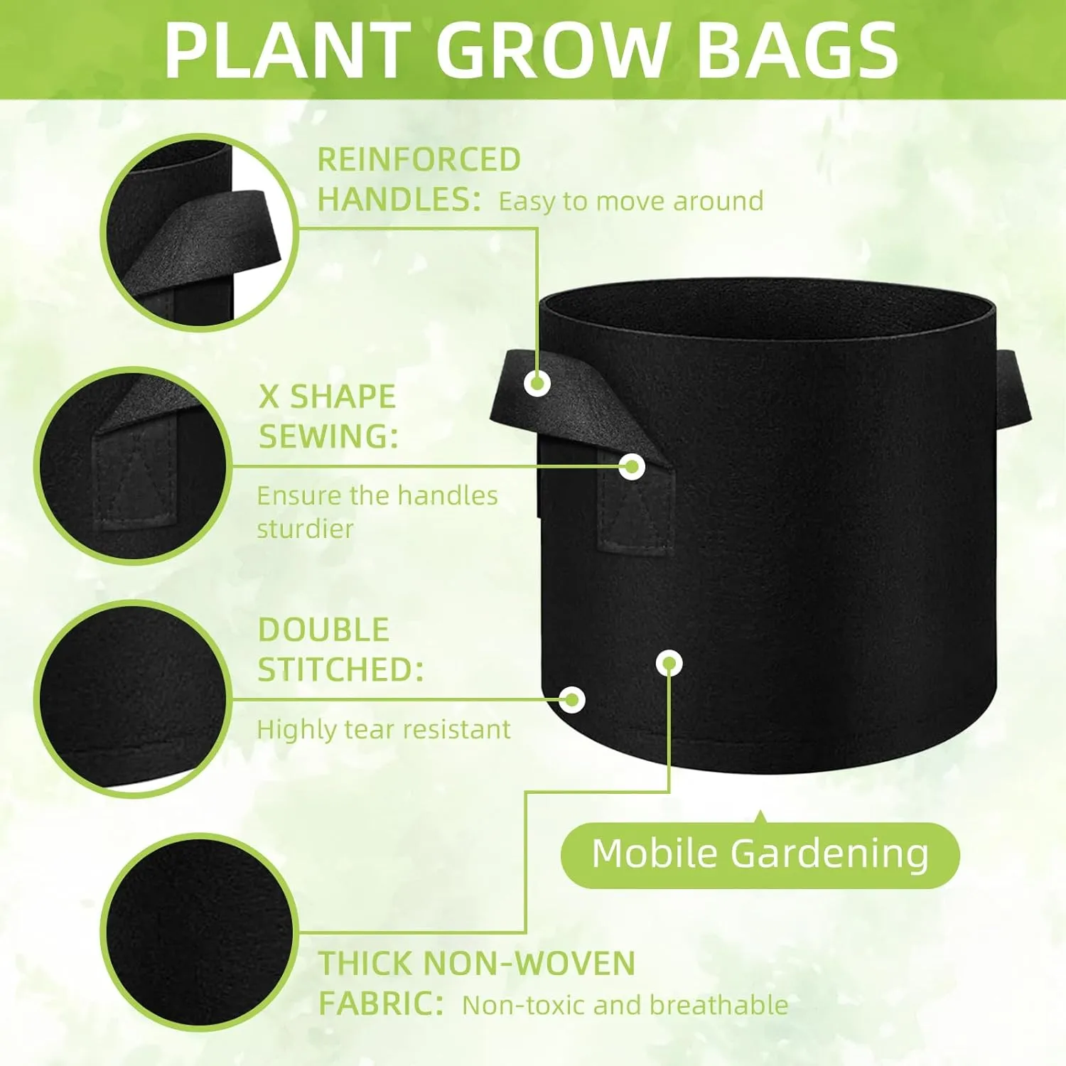 40-Pack 7 Gallon Grow Bags, Non-Woven Fabric Pots, Black, Garden, Solid, Round, Both Indoor & Outdoor, 13x13x12 Inches, Air Pruning Function, Vegetable, Planting-Grow-Bags