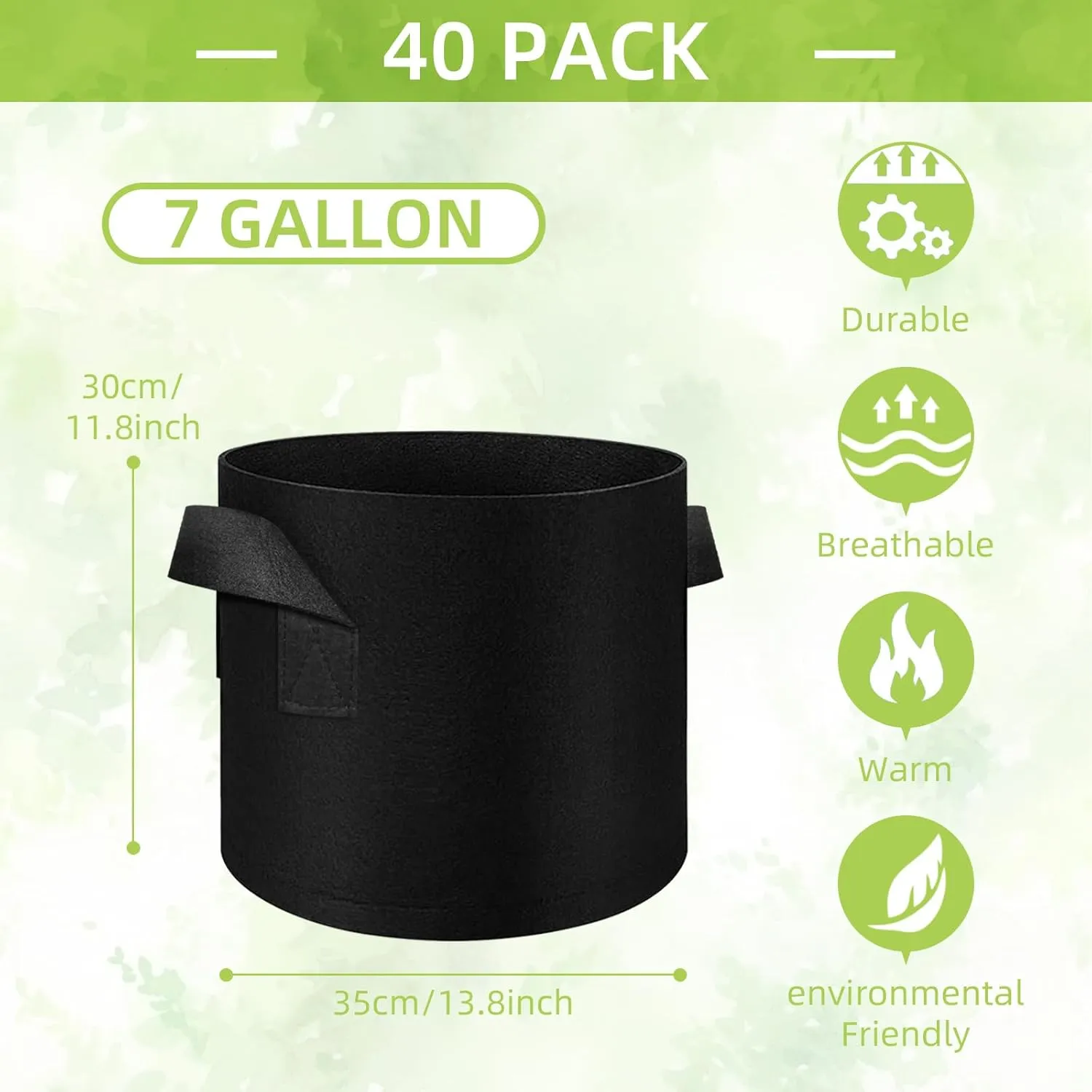 40-Pack 7 Gallon Grow Bags, Non-Woven Fabric Pots, Black, Garden, Solid, Round, Both Indoor & Outdoor, 13x13x12 Inches, Air Pruning Function, Vegetable, Planting-Grow-Bags