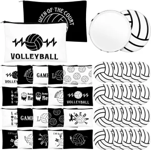40 Pcs Volleyball Gifts 20 Volleyball Cosmetic Bags 20 Volleyball Compact Mirrors, Travel Pouches Black and White 2.76" Round Makeup Mirrors Women Volleyball Stuff Gifts Volleyball Players Teams