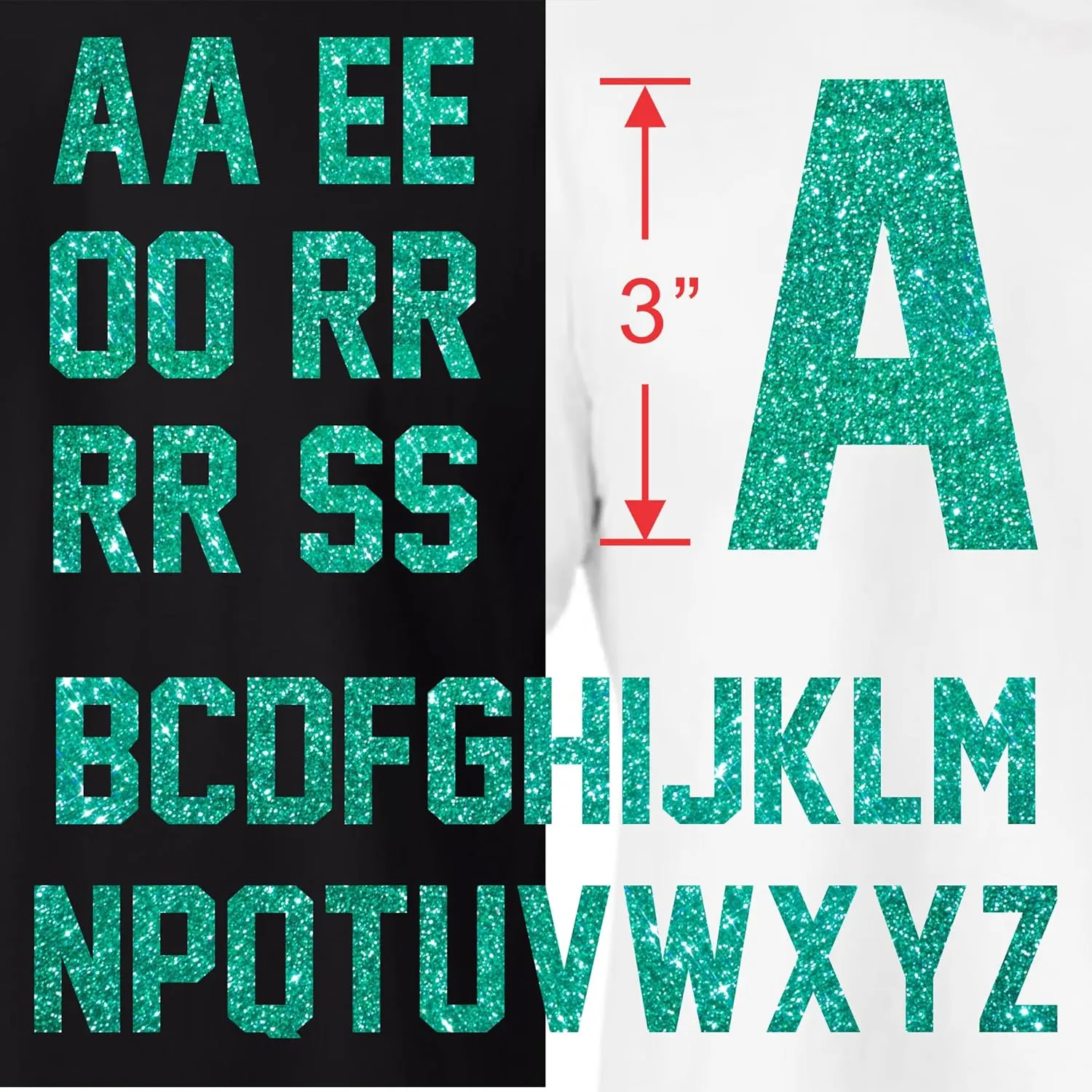 47 Pieces, 3" Glitter Iron-On Letters – Heat Transfer Vinyl for DIY T-Shirts, Bags, and Gifts. Perfect for Birthdays, Christmas, Anniversaries, and Custom Designs! Durable and Easy to use. (Jade)