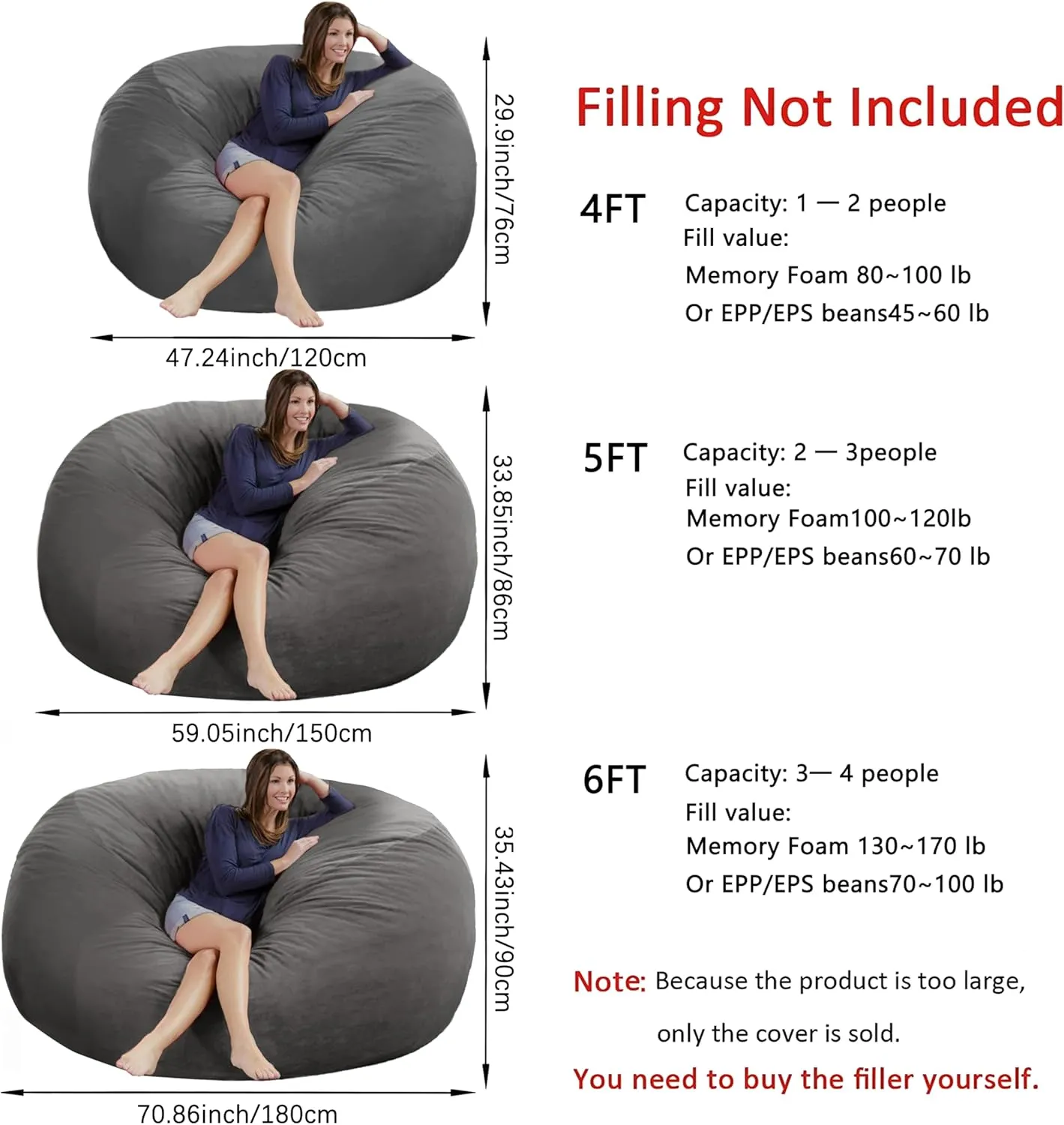 4FT Bean Bag Chair Cover - Soft Fluffy Dutch Velvet Bean Bag Cover (No Filling, Cover Only), Comfy 4FT Bean Bag Cover, Large Lazy Sofa Cover