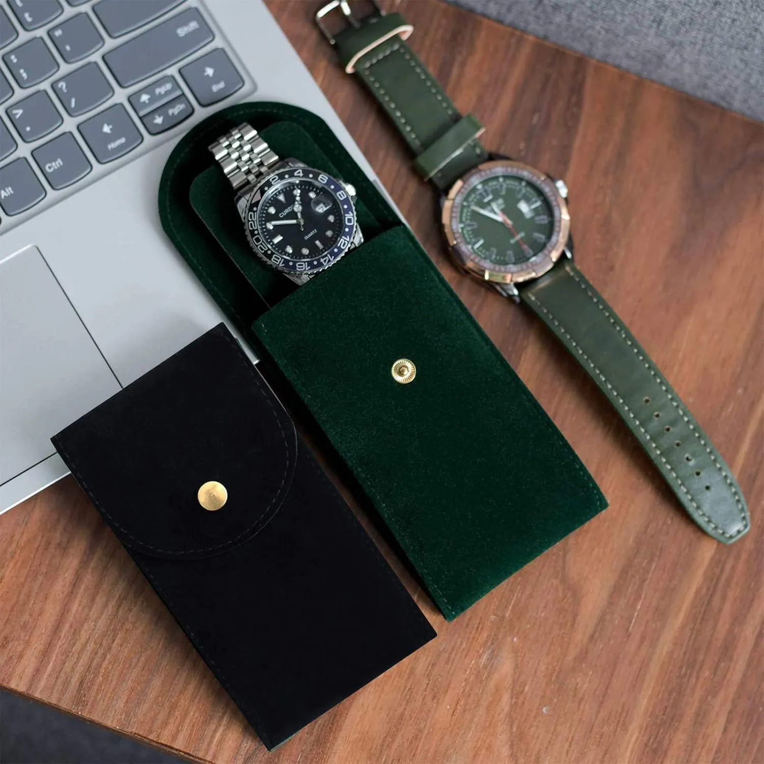 4PCS Watch Travel Case for Men and Women Portable Velvet Watch Pouch Watch Storage Bag and Organizer (2BLACK 2GREEN)